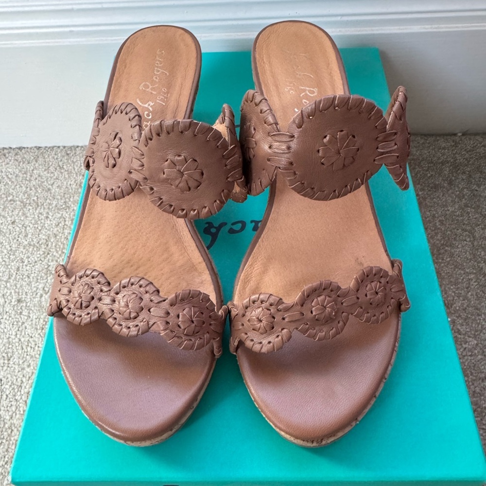 Jack Rogers Lauren Mid Wedge Cognac 7 EUC